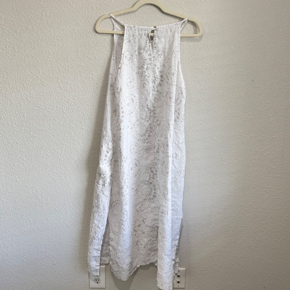Lungo L'Arno Italy 100% Linen Midi Dress White Grey Printed Pockets M Lagenlook‎ - Picture 9 of 14